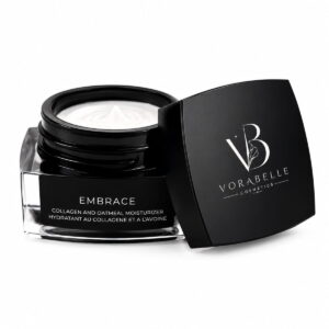 Embrace collagen moisturizer with colloidal oatmeal and collagen in an open luxury skincare jar