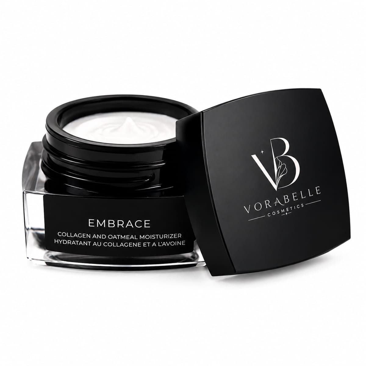 Embrace collagen moisturizer with colloidal oatmeal and collagen in an open luxury skincare jar
