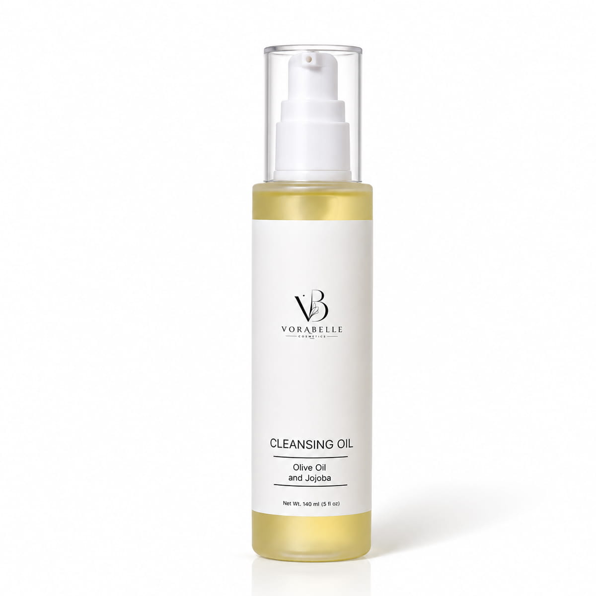 Vorabelle Cleansing Oil with olive oil and jojoba in a 140ml pump bottle for gentle makeup and sunscreen removal.