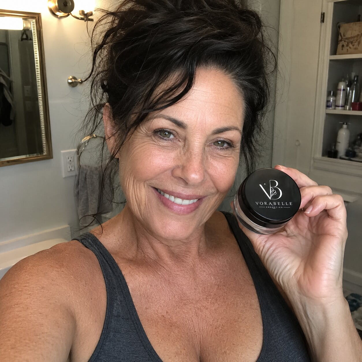 Mature woman holding Vorabelle Embrace Collagen and Oatmeal Moisturizer in a bathroom selfie showing her skincare routine and product review